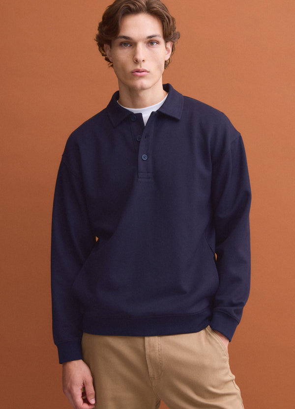 OVS Navy stretch polo-collar sweatshirt with a relaxed fit