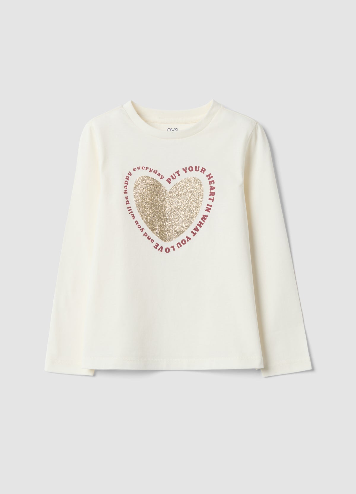 OVS White Organic Cotton T-Shirt With Heart Print For Girls