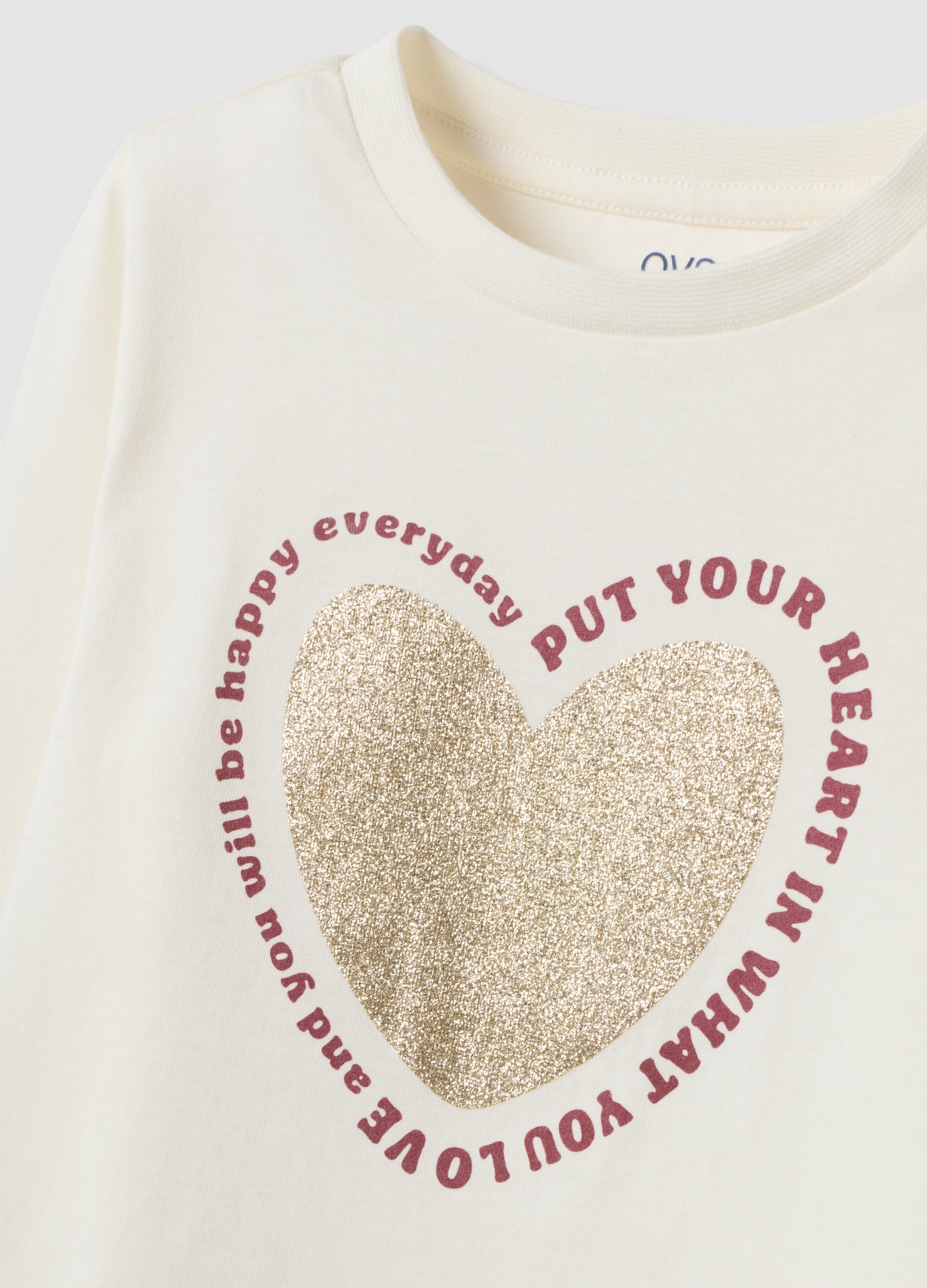 OVS White Organic Cotton T-Shirt With Heart Print For Girls