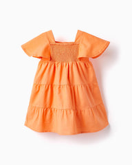 Cotton Dress With Smocked Frill For Baby Girls
