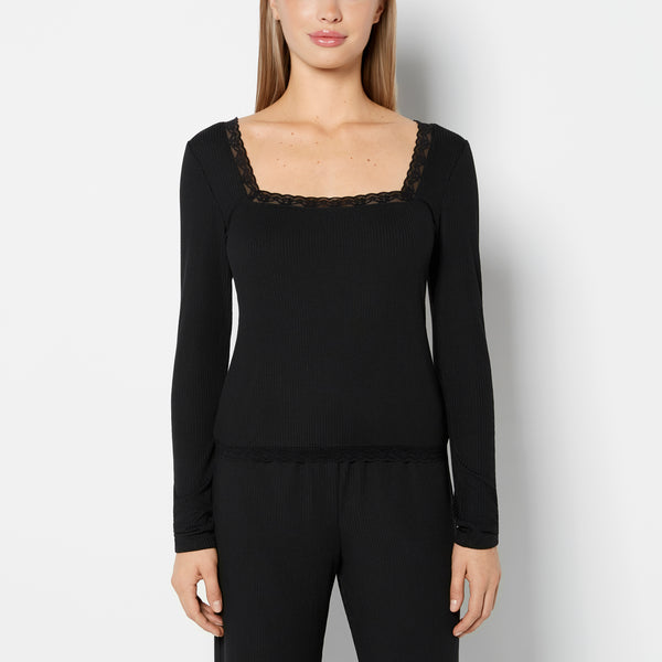 La Senza Casual Sleep Ribbed Long Sleeve Top with Lace Trim