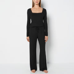 La Senza Casual Sleep Ribbed Long Sleeve Top with Lace Trim