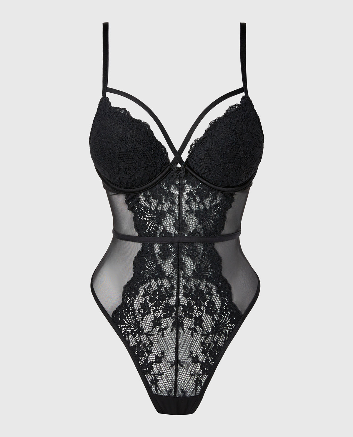 La Senza Push Up Bodysuit in Timeless Lace with Mesh in Tuxedo Black