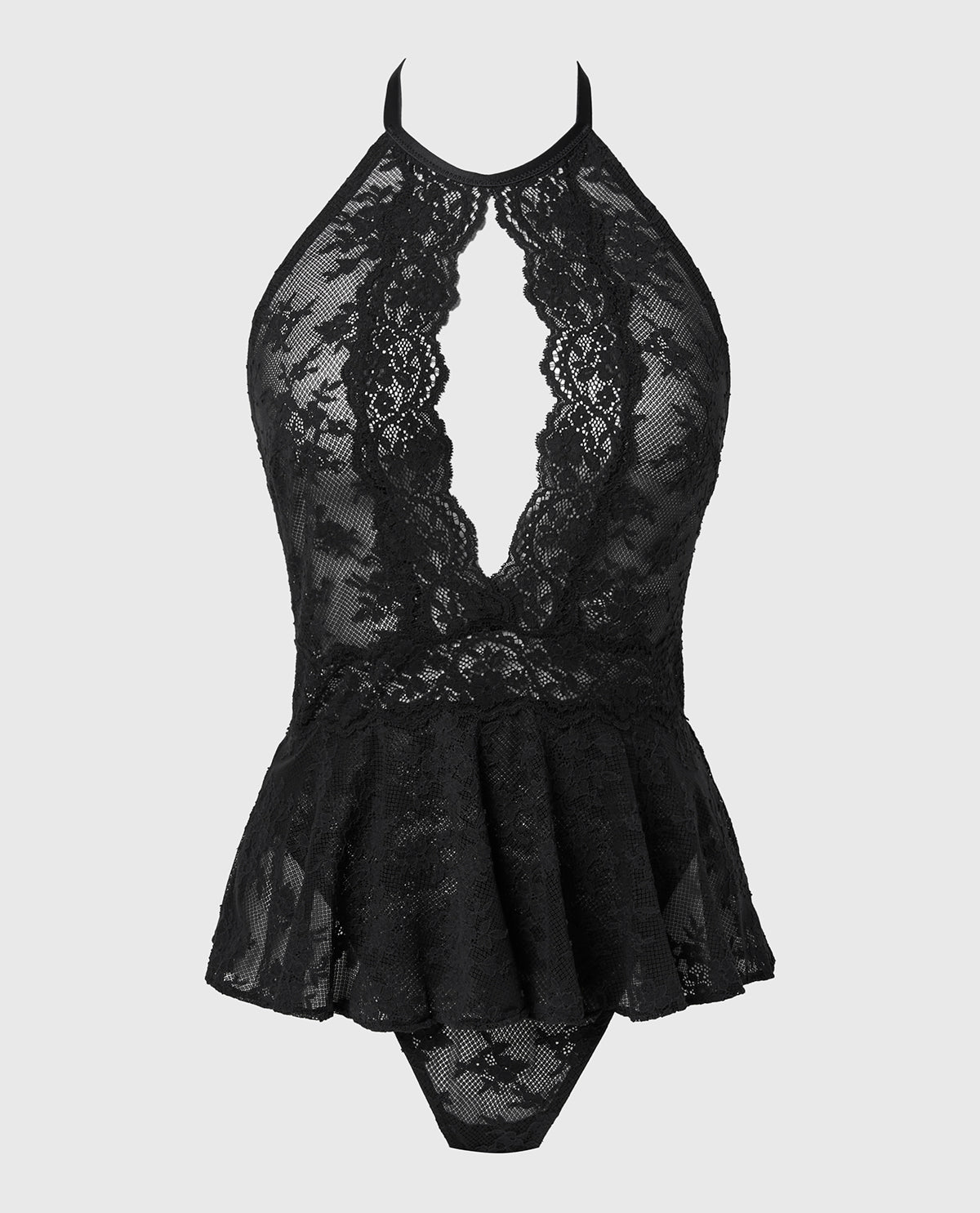 La Senza Designer Collection Unlined Halter Bodysuit in Timeless Lace in Tuxedo Black