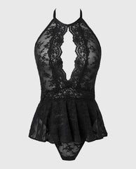 La Senza Designer Collection Unlined Halter Bodysuit in Timeless Lace in Tuxedo Black