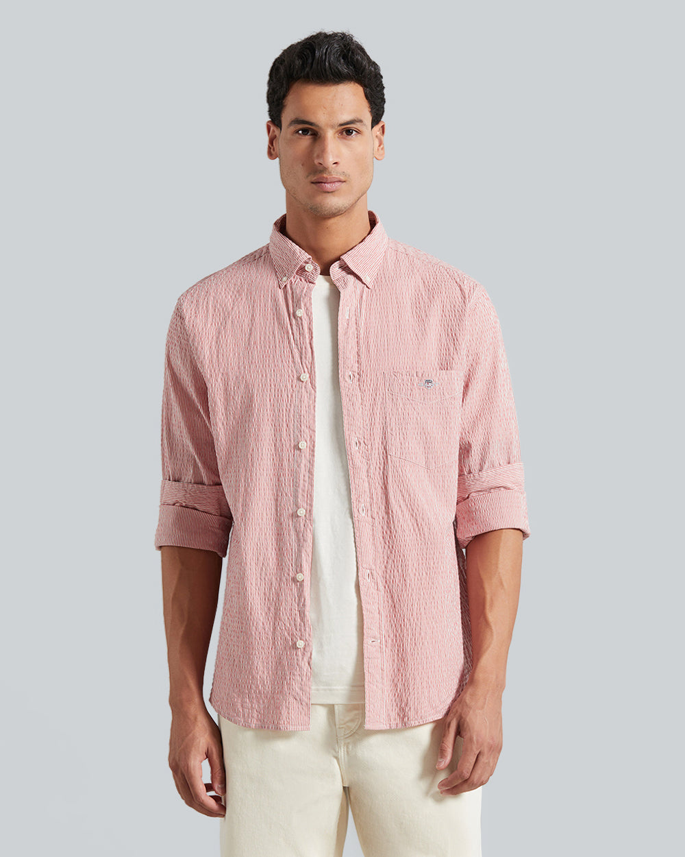 Regular Fit Seersucker Stripe Shirt Sunset Pink / L