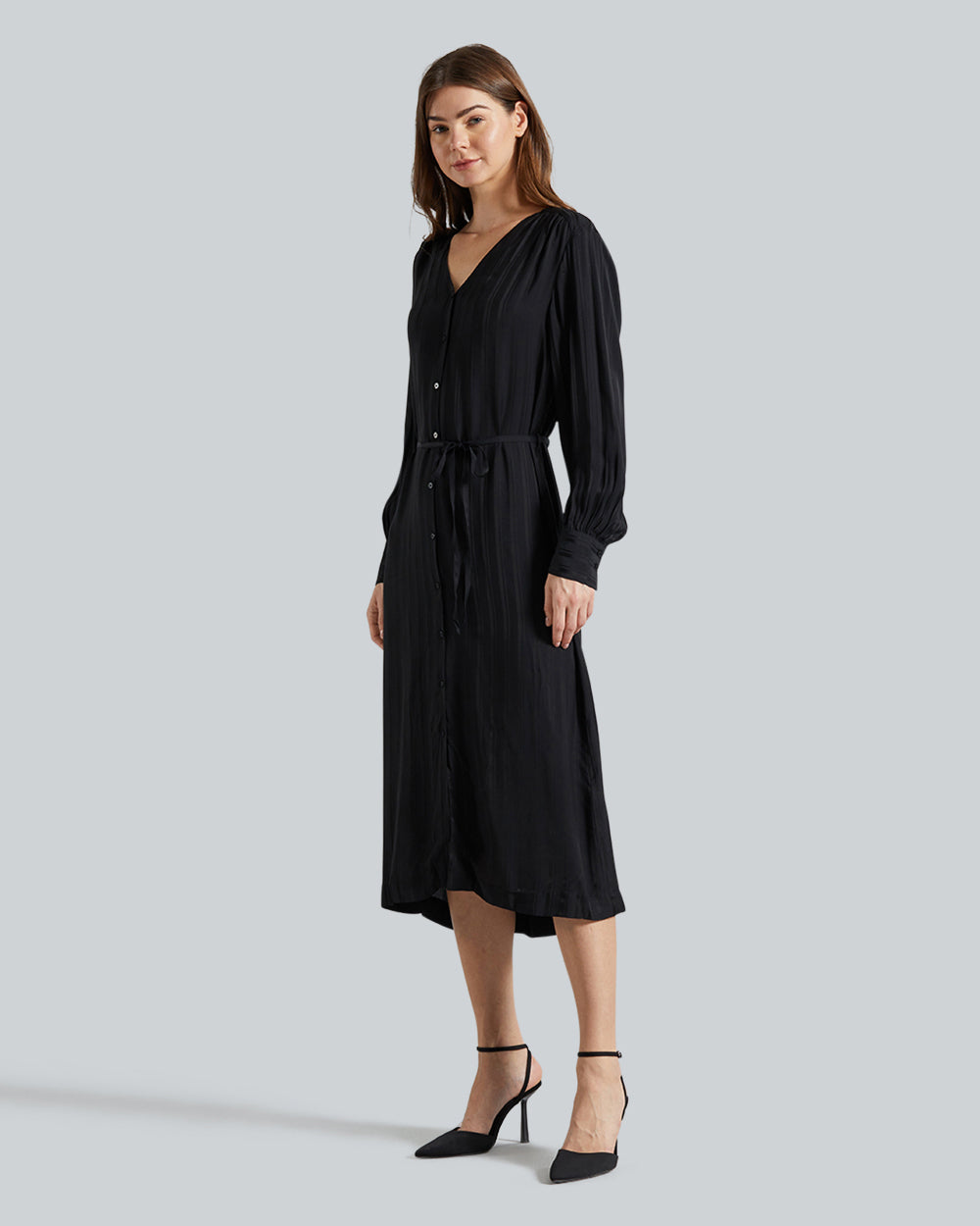RELAXED SATIN STRIPE SHIRT DRESS Black / 36