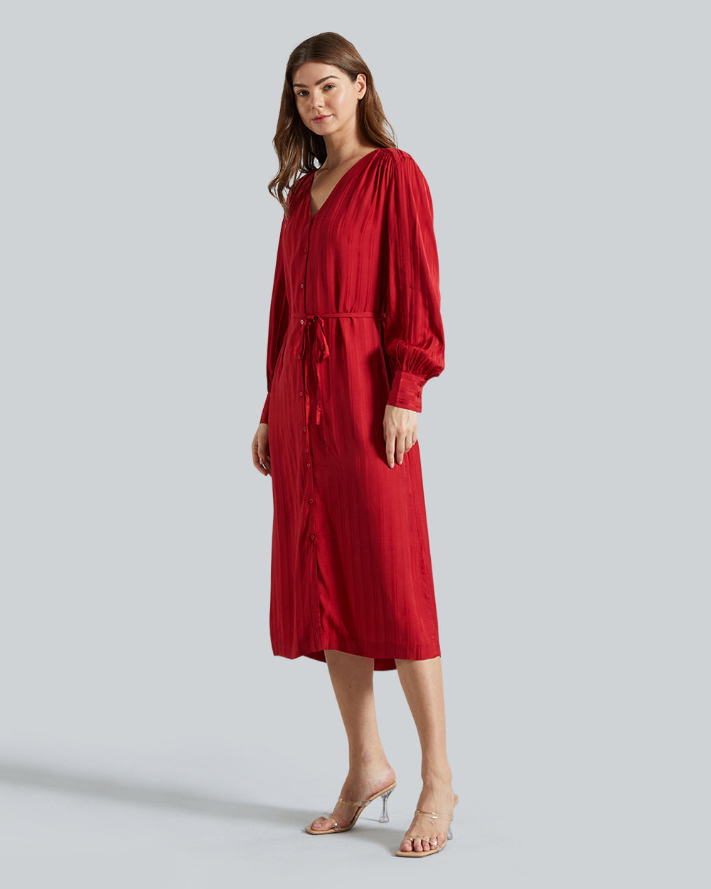 RELAXED SATIN STRIPE SHIRT DRESS Red / 36