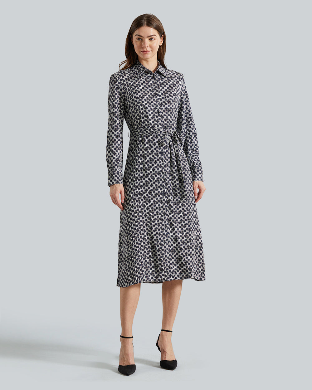 SLIM GEOMETRIC PRINTED SHIRT DRESS Blue / 36