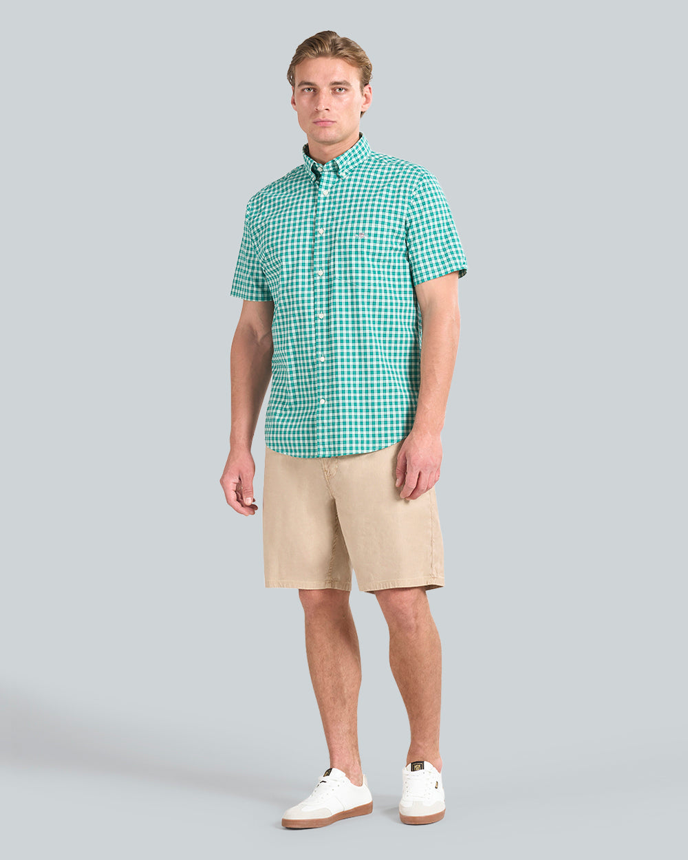 REG CLASSIC POPLIN CHECK SS SHIRT Green / L