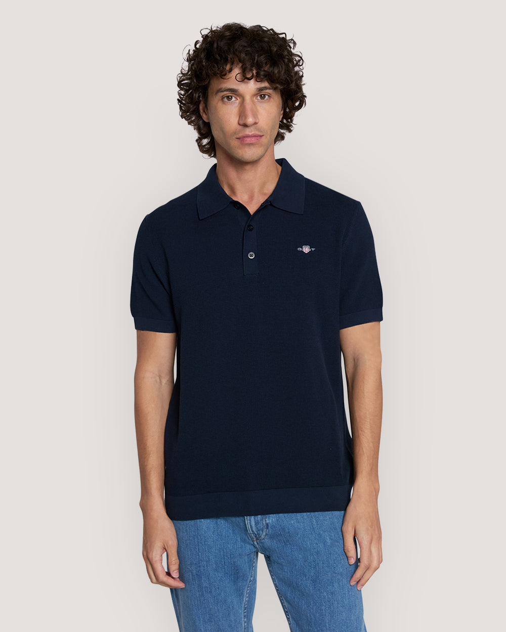 Micro Textured Cotton Polo Shirt Blue / M