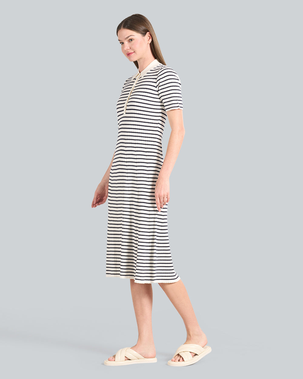 Striped Rib Knit Short Sleeve Rugger Dress