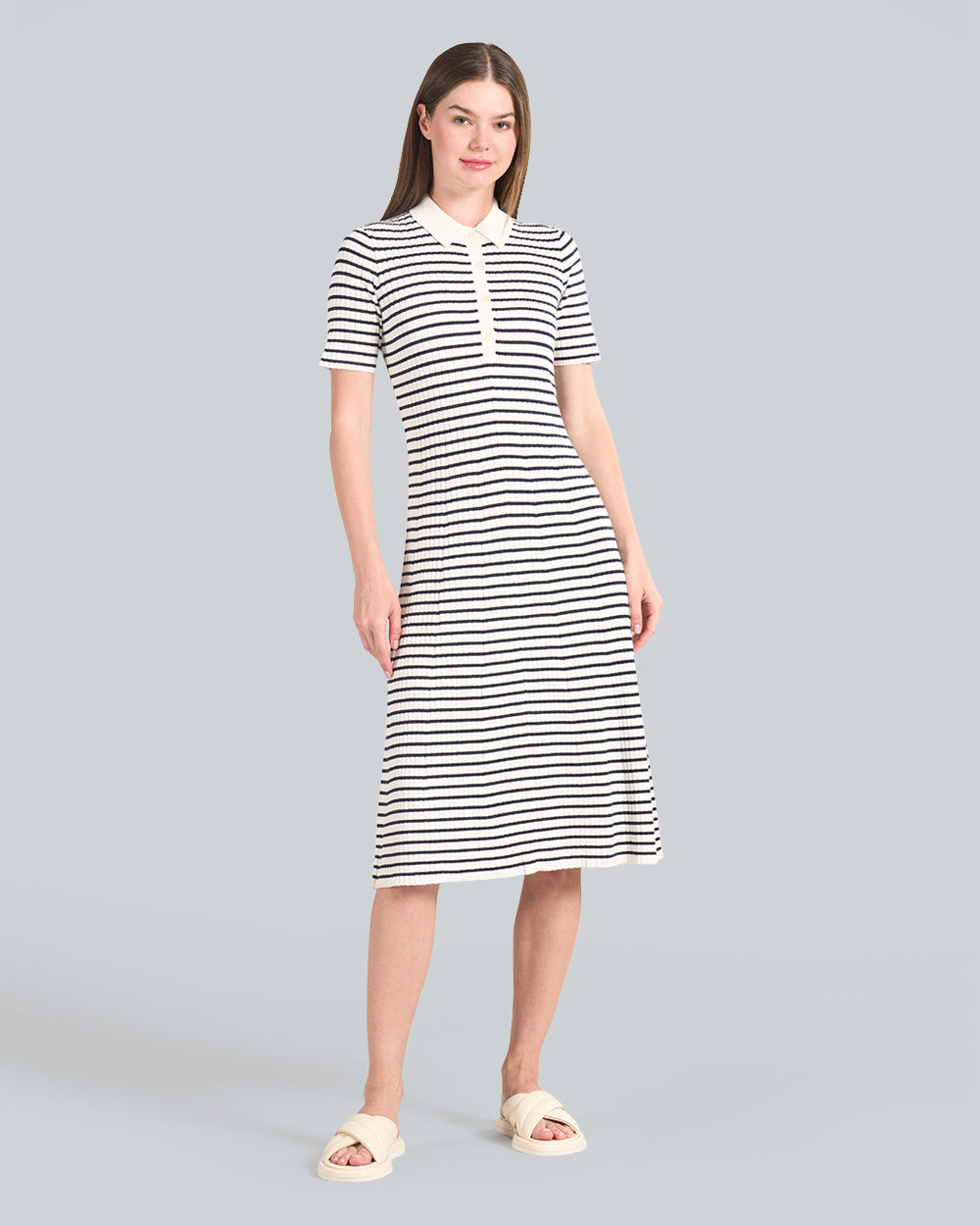 Striped Rib Knit Short Sleeve Rugger Dress