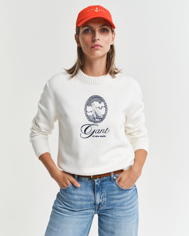 Graphic Cotton Crew Neck Sweater White / S