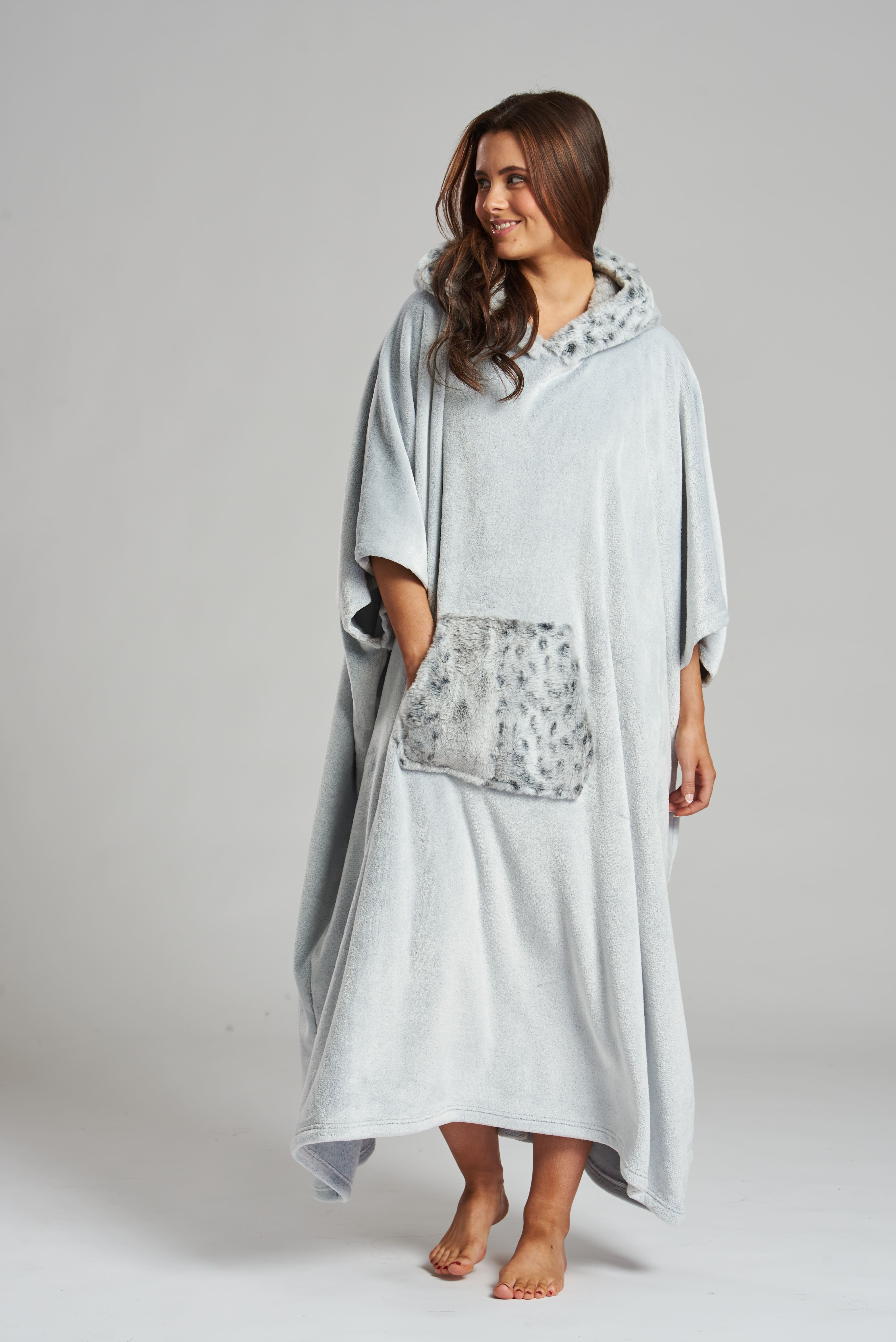 South Beach Snow Faux Fur Hood Luxury Fleece Poncho