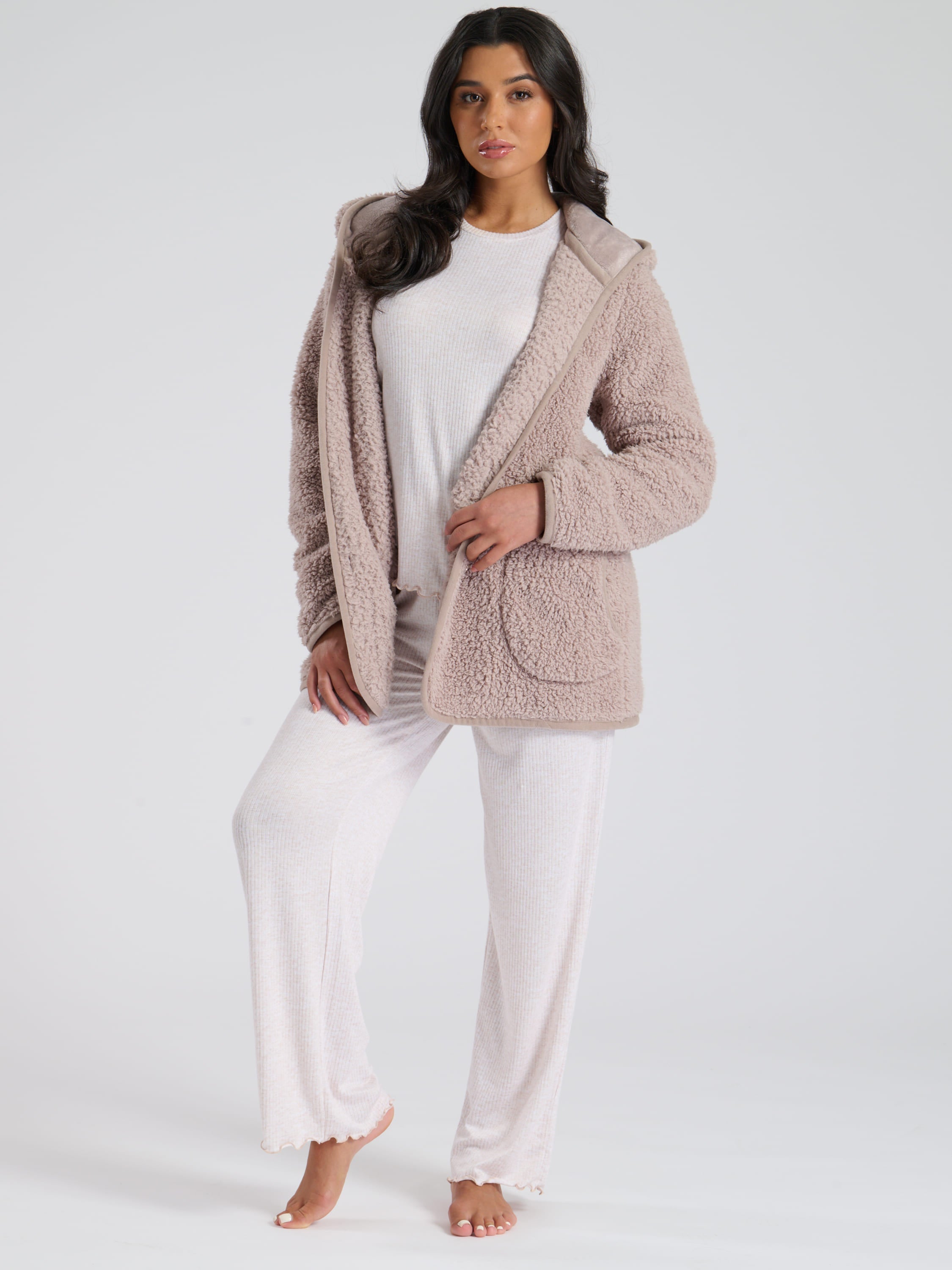 South Beach Mink Borg Button Lounge Hooded Cardigan