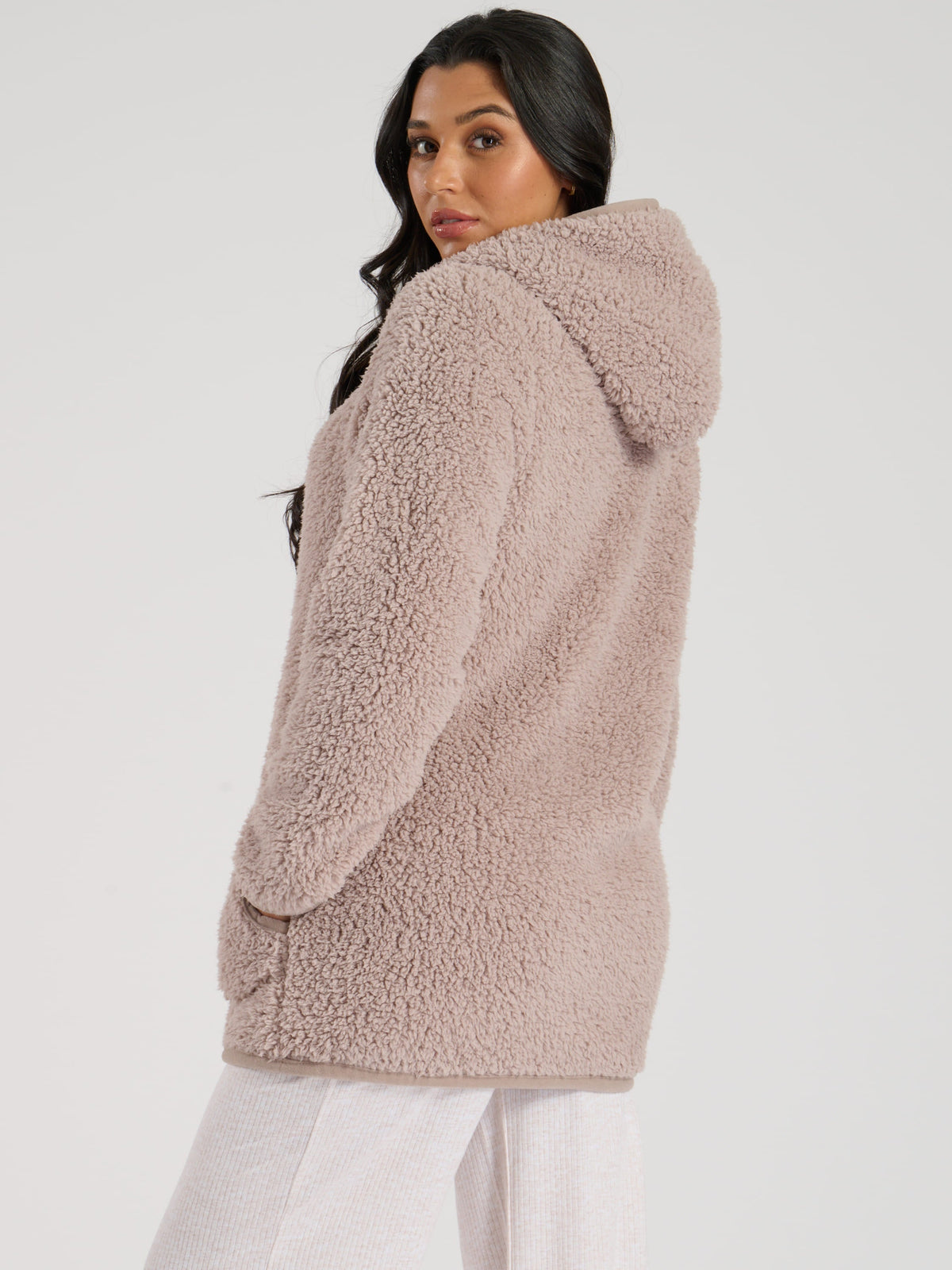 South Beach Mink Borg Button Lounge Hooded Cardigan