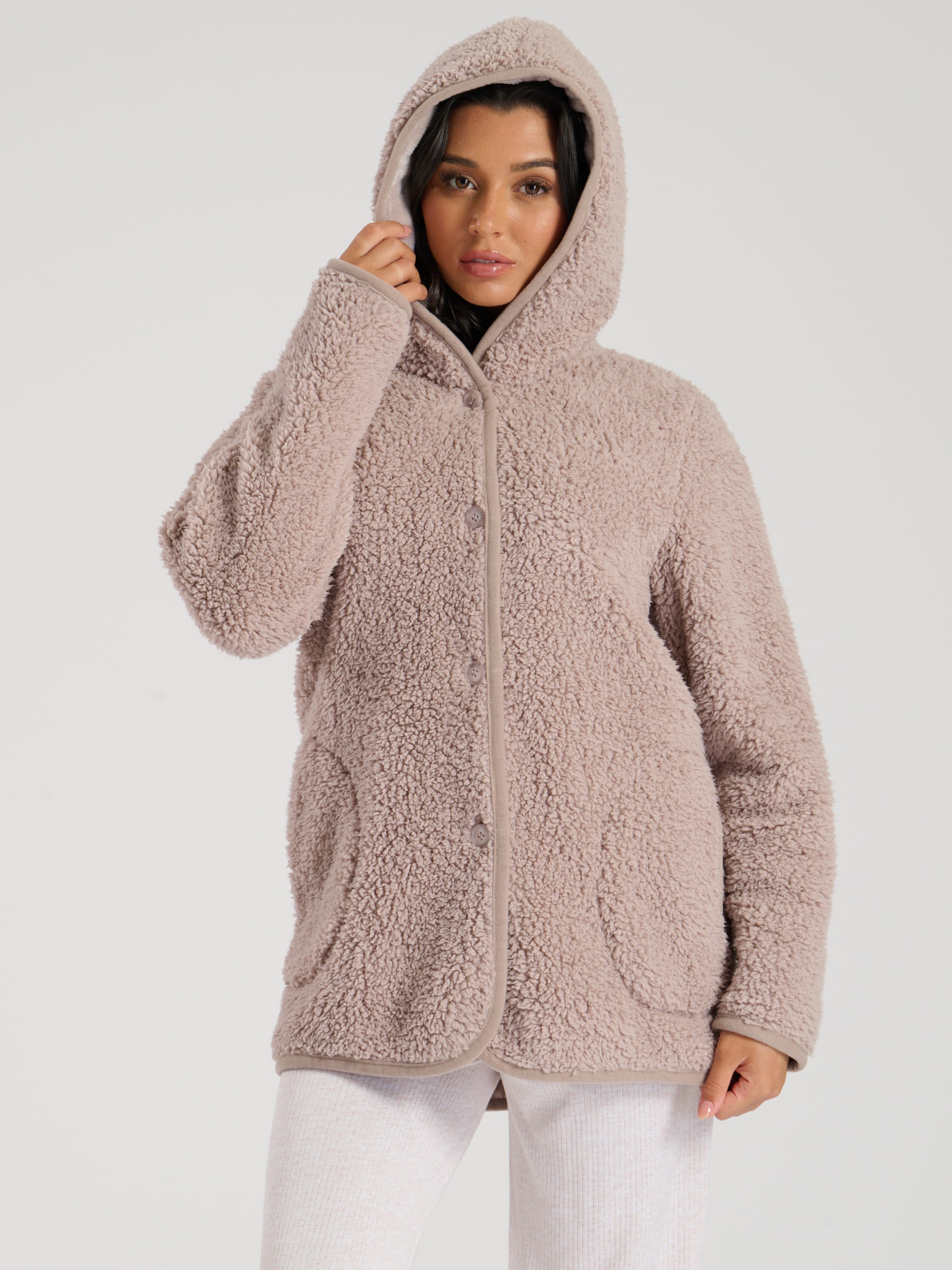 South Beach Mink Borg Button Lounge Hooded Cardigan