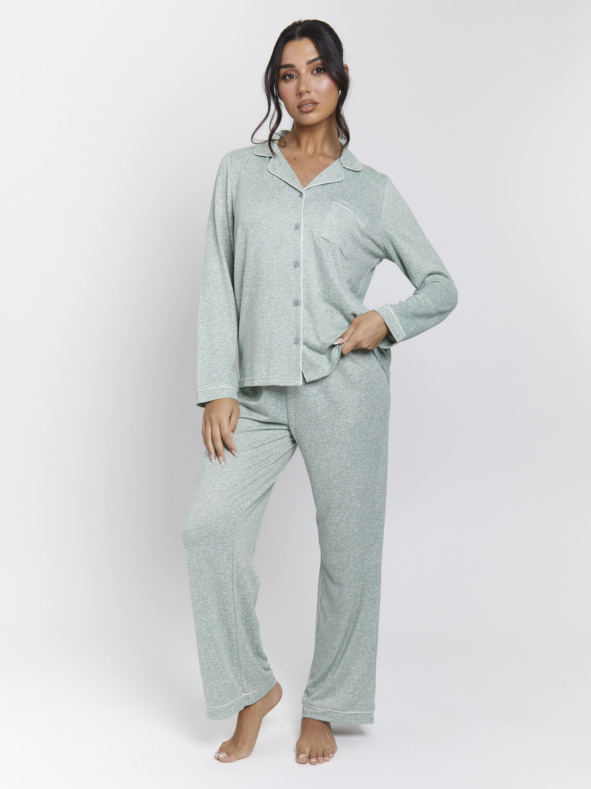 South Beach Brushed Rib Long Sleeve Buttoned Pyjamas