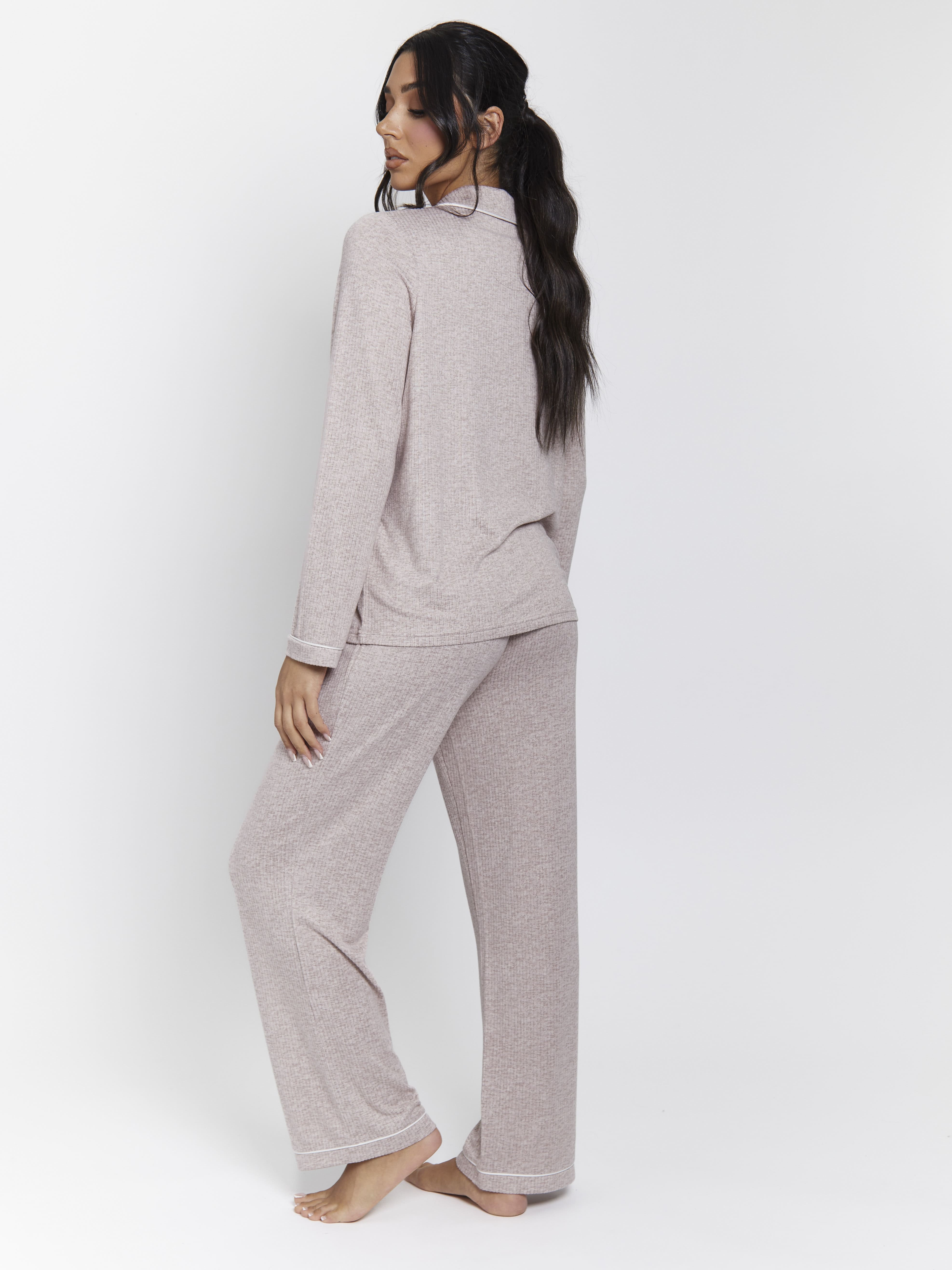 South Beach Brushed Rib Long Sleeve Buttoned Pyjamas