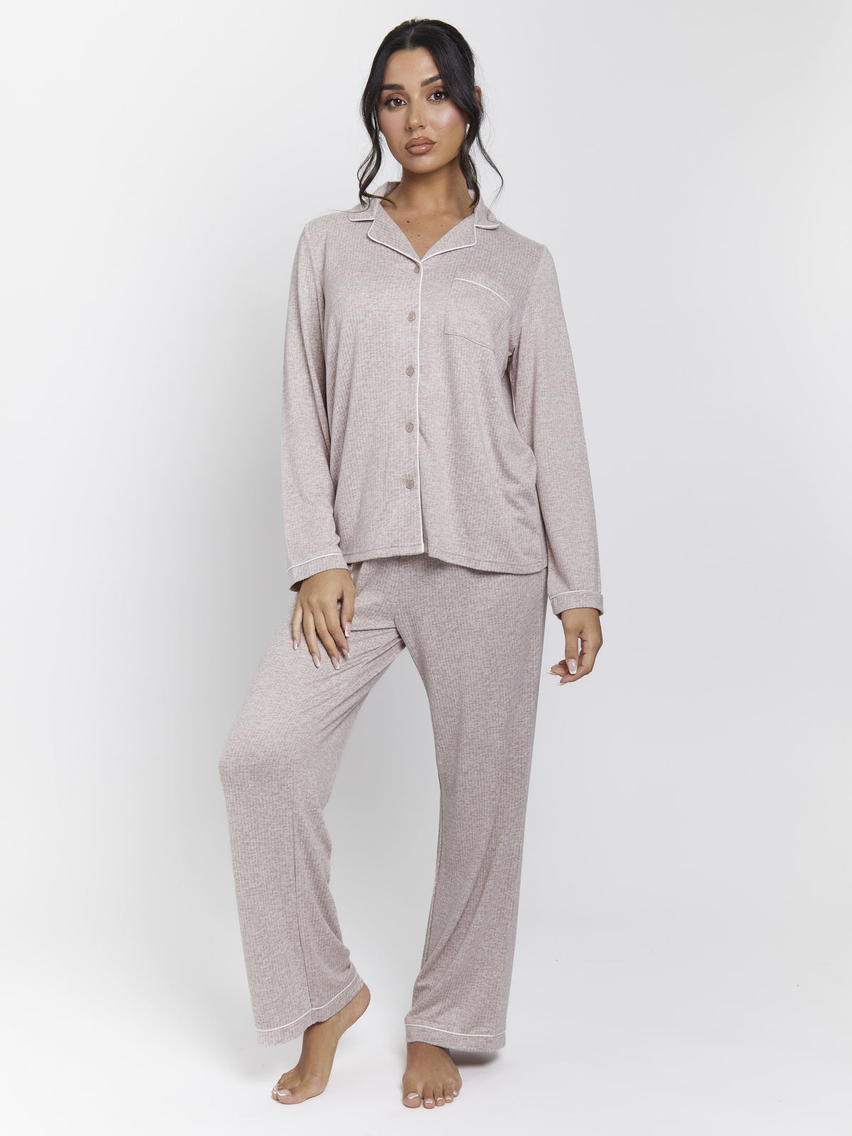 South Beach Brushed Rib Long Sleeve Buttoned Pyjamas