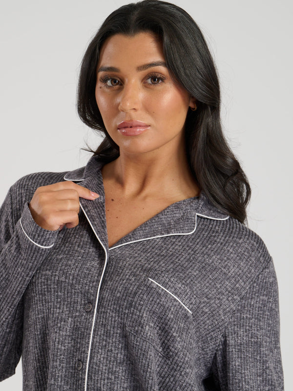 South Beach Marl Brushed Knit Rib Traditional Pyjama Set
