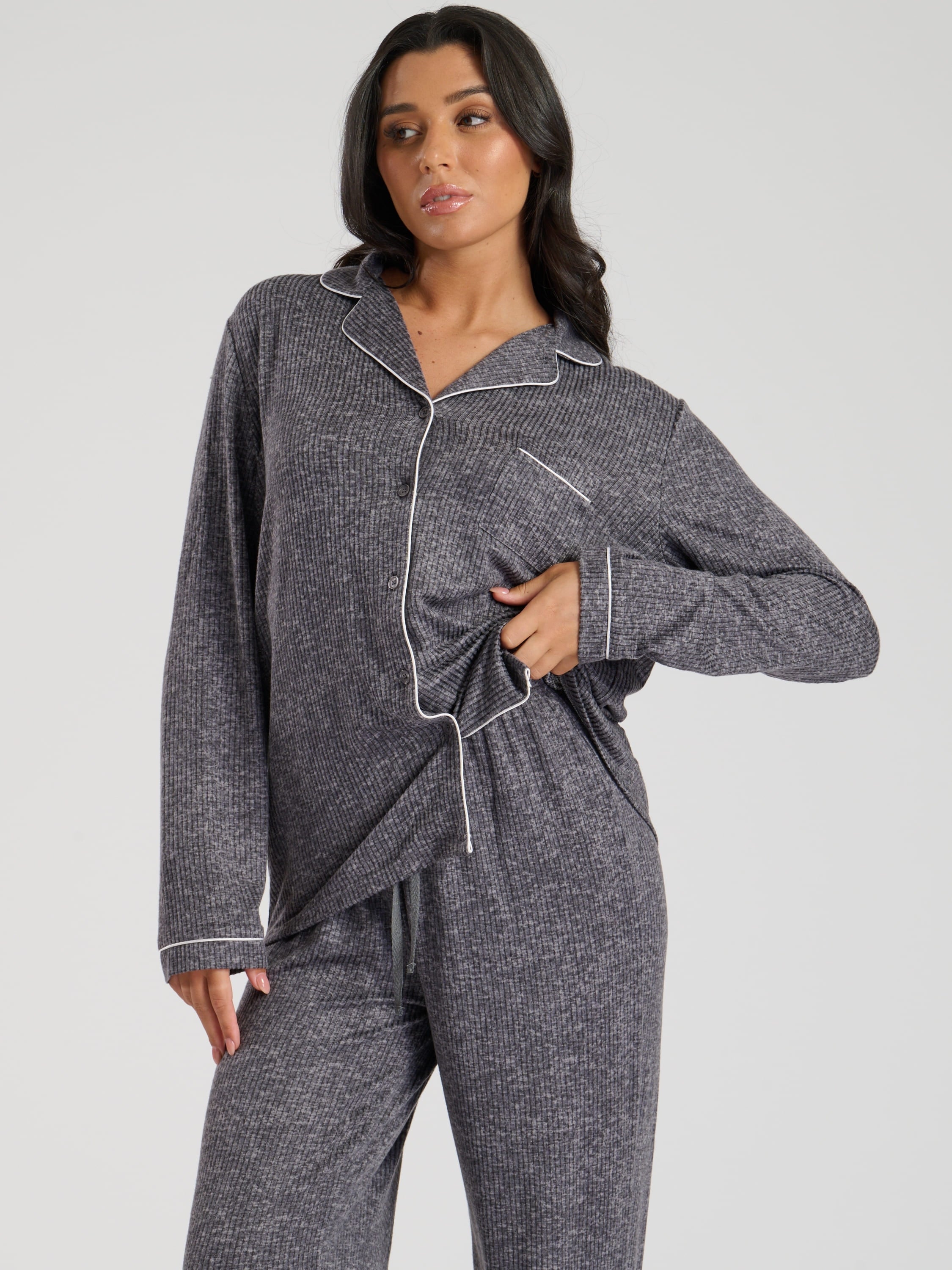 South Beach Marl Brushed Knit Rib Traditional Pyjama Set