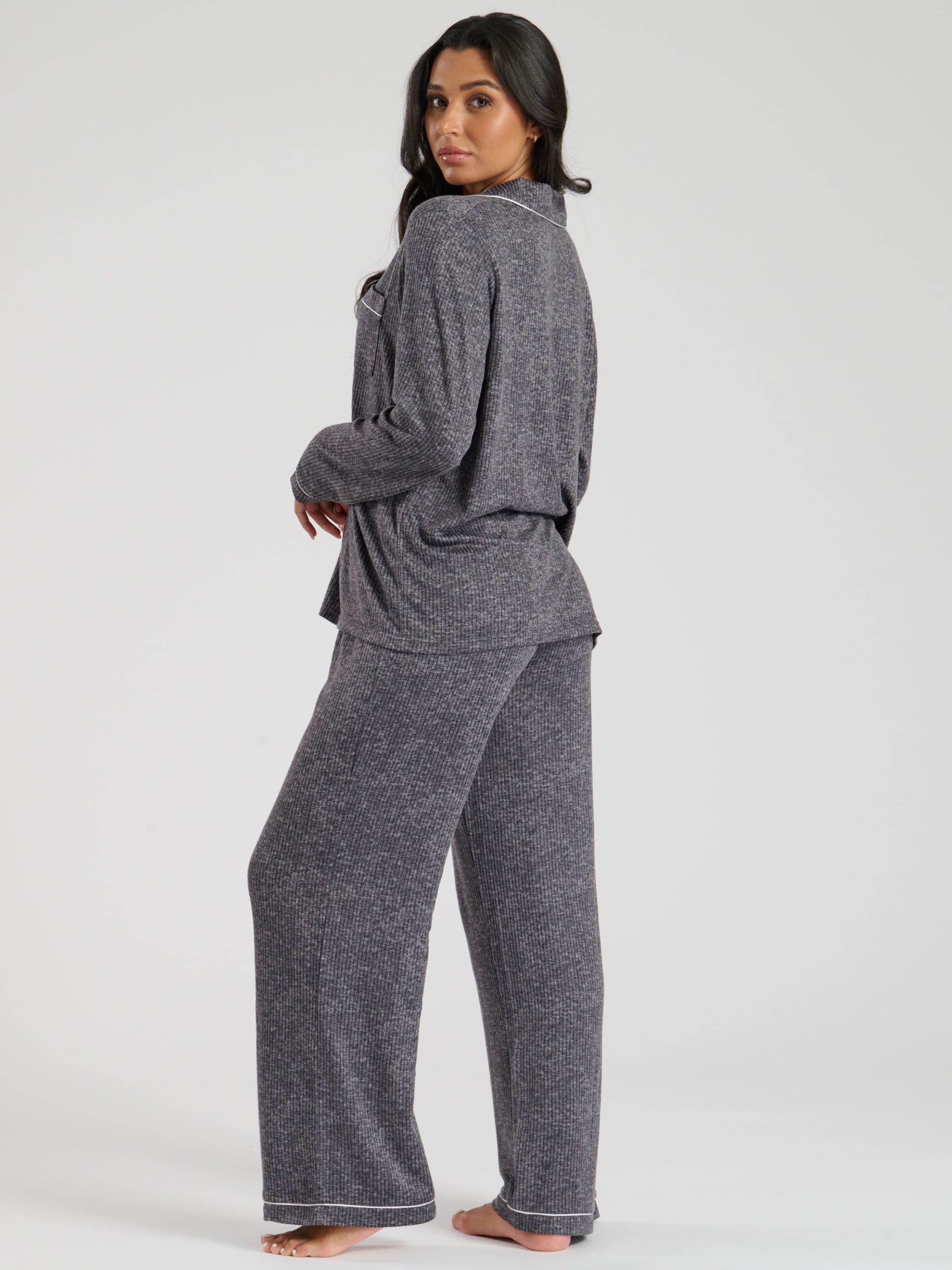 South Beach Marl Brushed Knit Rib Traditional Pyjama Set