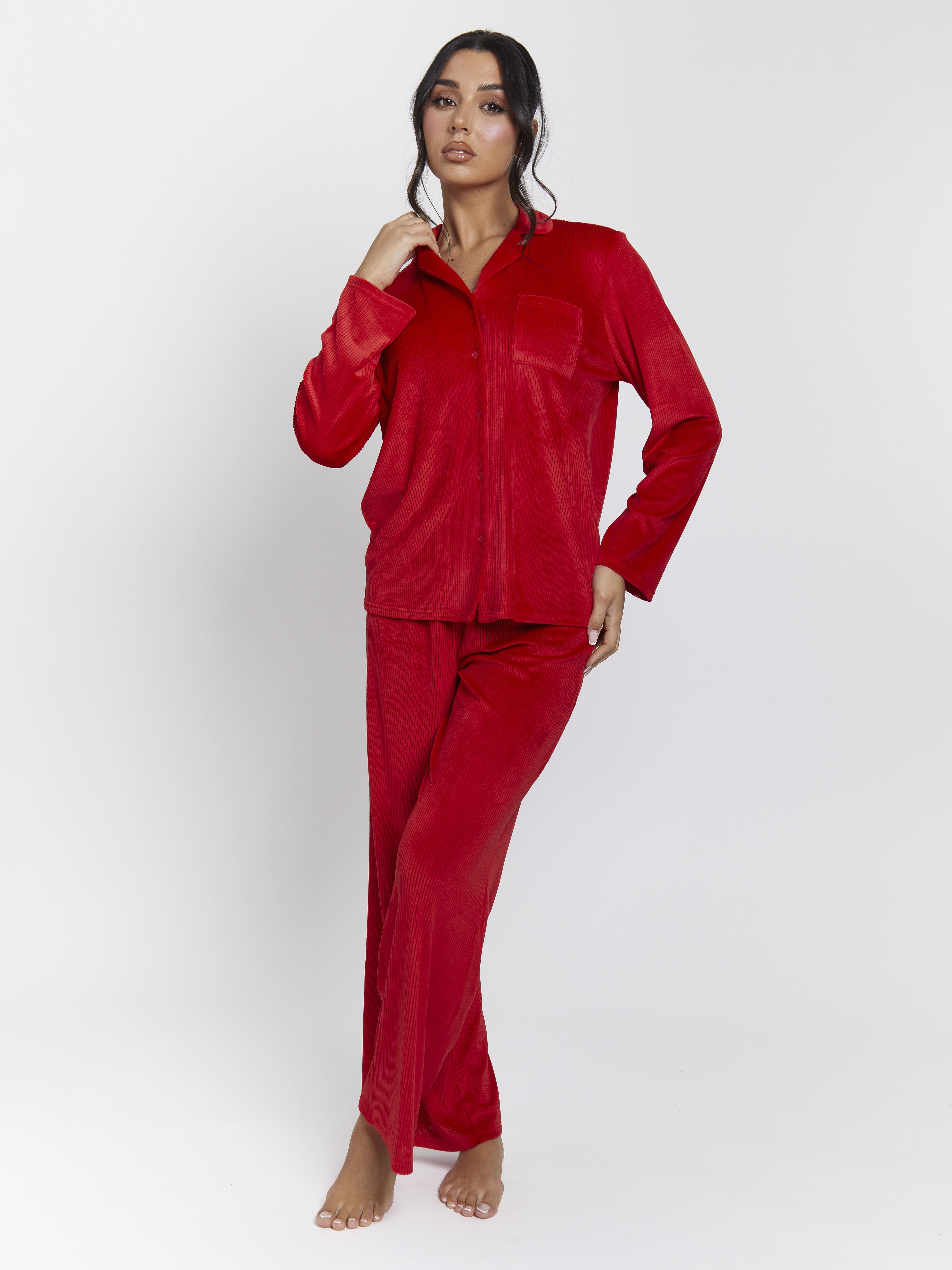 South Beach Velour Rib Long Sleeved Traditional Pyjama Set