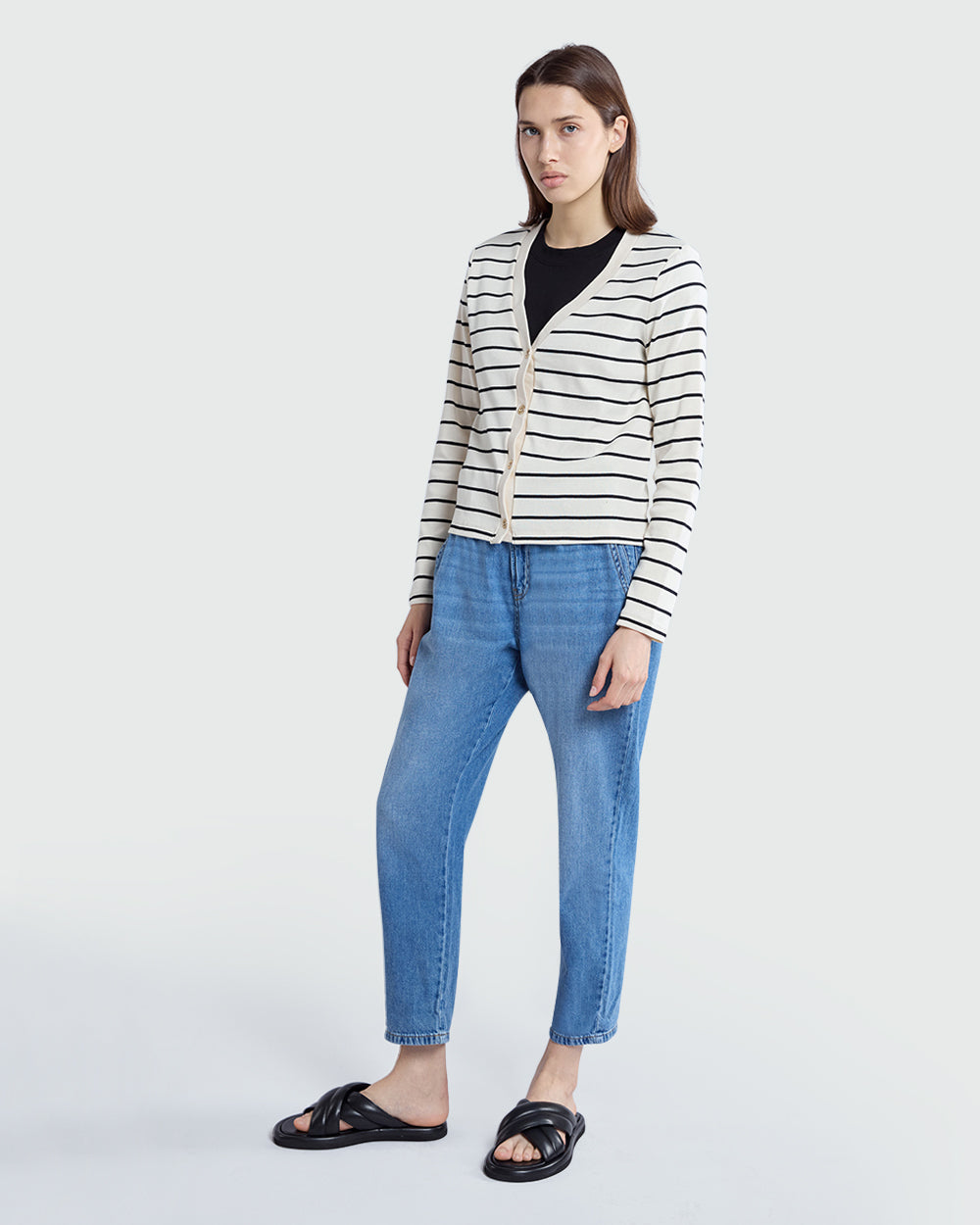 OVS Striped Knit Cardigan In White & Blue White/Blue / M