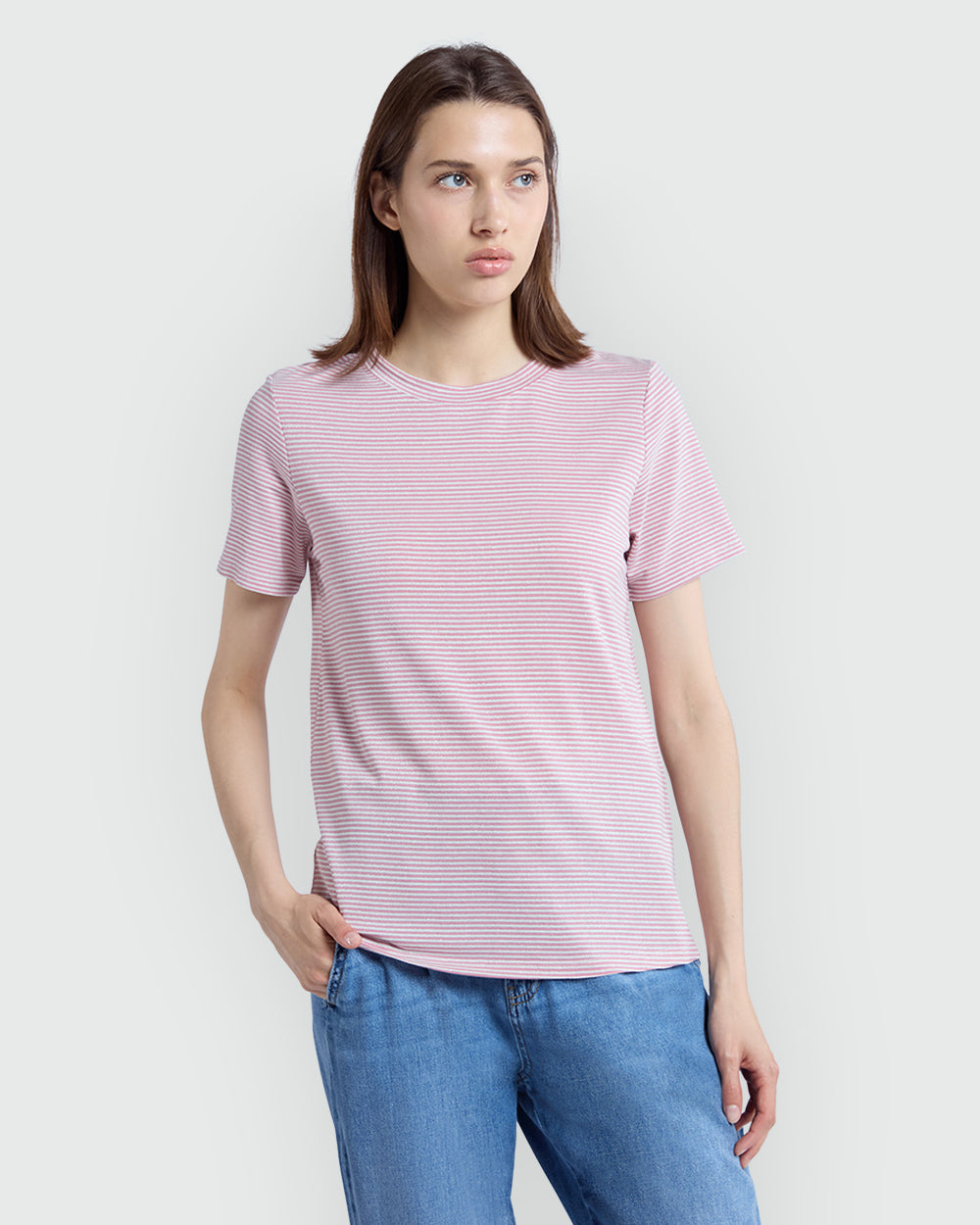 OVS Striped Short Sleeve Tee In Panna & Pink White/Pink / M