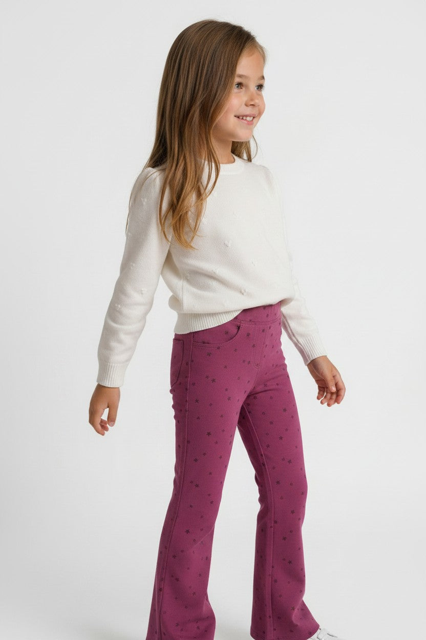 OVS Girls’ Purple Flared Stretch-Cotton Trousers With Star Print