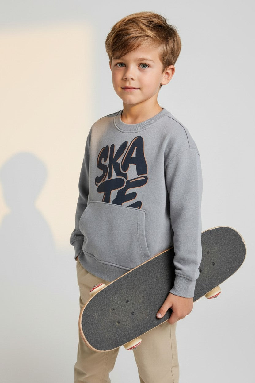 OVS Grey Oversized Pure Cotton Hoodie With Print And Kangaroo Pocket For Boys