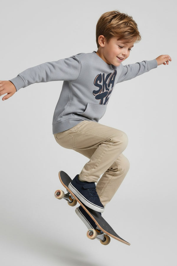 OVS Grey Oversized Pure Cotton Hoodie With Print And Kangaroo Pocket For Boys