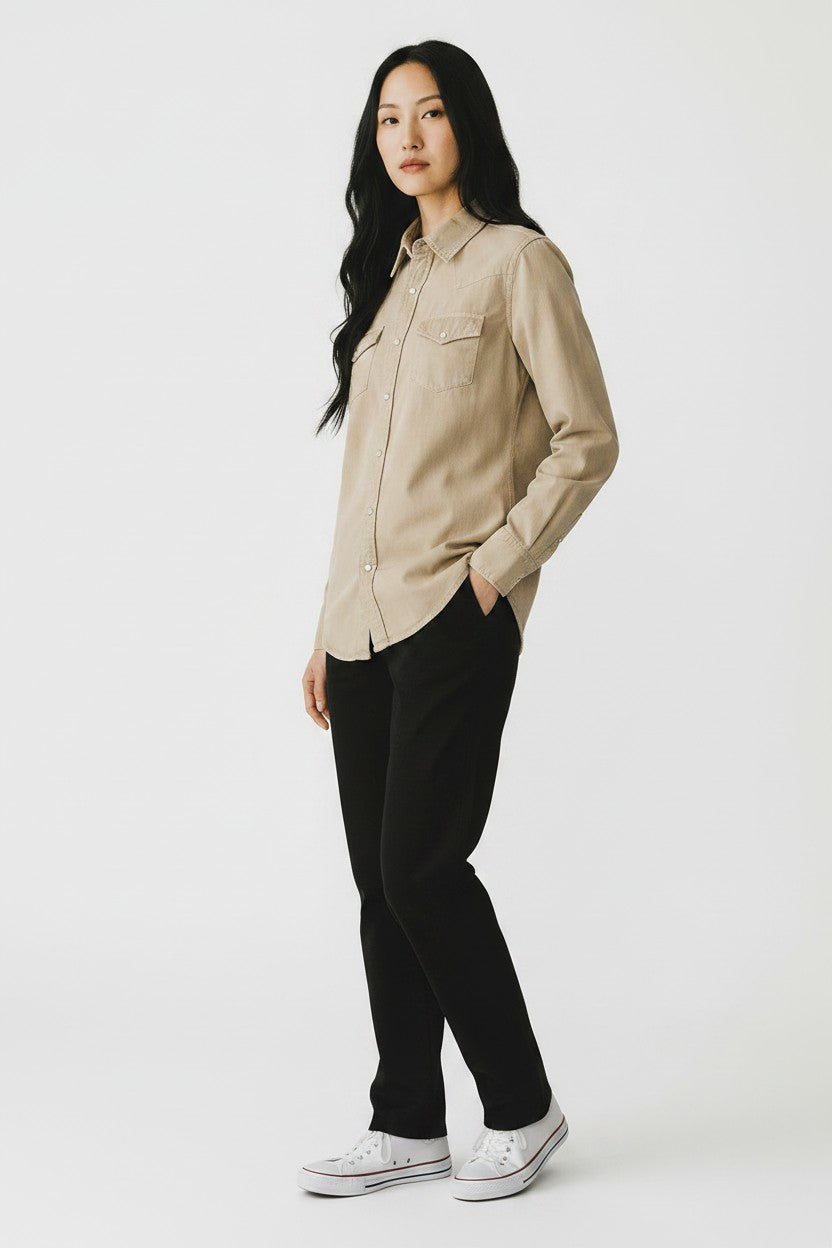 OVS Beige Pure Cotton Shirt With Snap Buttons, Regular Fit