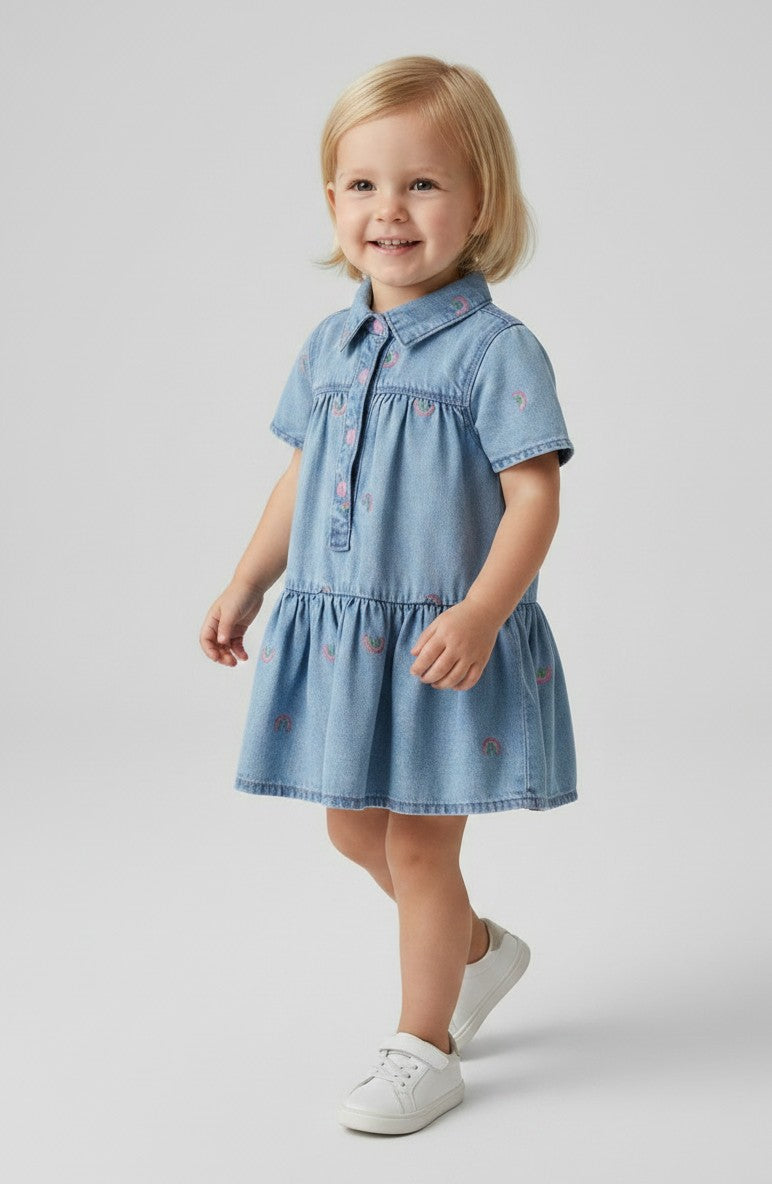 OVS Blue Denim Cotton Blend Dress For Girls With Rainbows