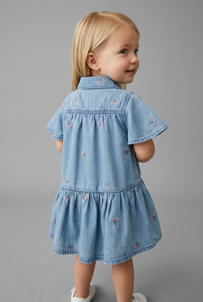 OVS Blue Denim Cotton Blend Dress For Girls With Rainbows