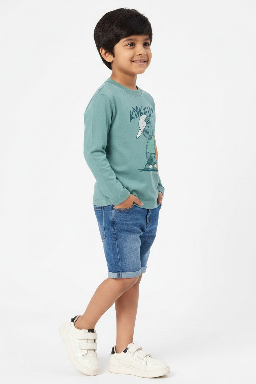 OVS Green Oversized Pure Cotton T-Shirt With Skate Print For Boys