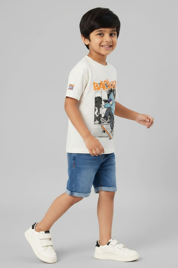 OVS White Oversized Pure Cotton T-Shirt With Skate Print For Boys