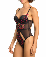 Isla & Evie Hot Red Heart Embroidery Push Up Bodysuit Black / LARGE