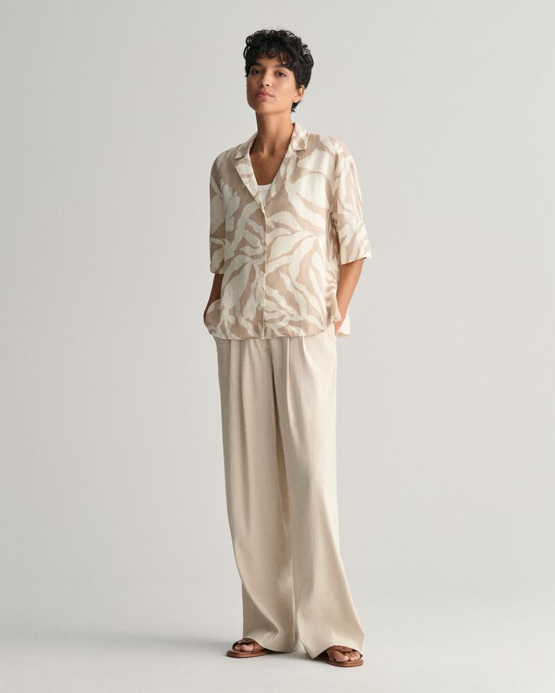 Relaxed Fit Palm Print Linen Short Sleeve Shirt Dry Sand / 32