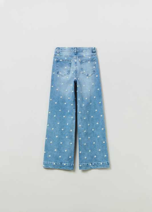 Ovs Kids Girl Straight-Fit Jeans With Embroidered Daisies