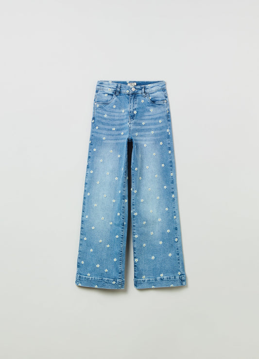 Ovs Kids Girl Straight-Fit Jeans With Embroidered Daisies