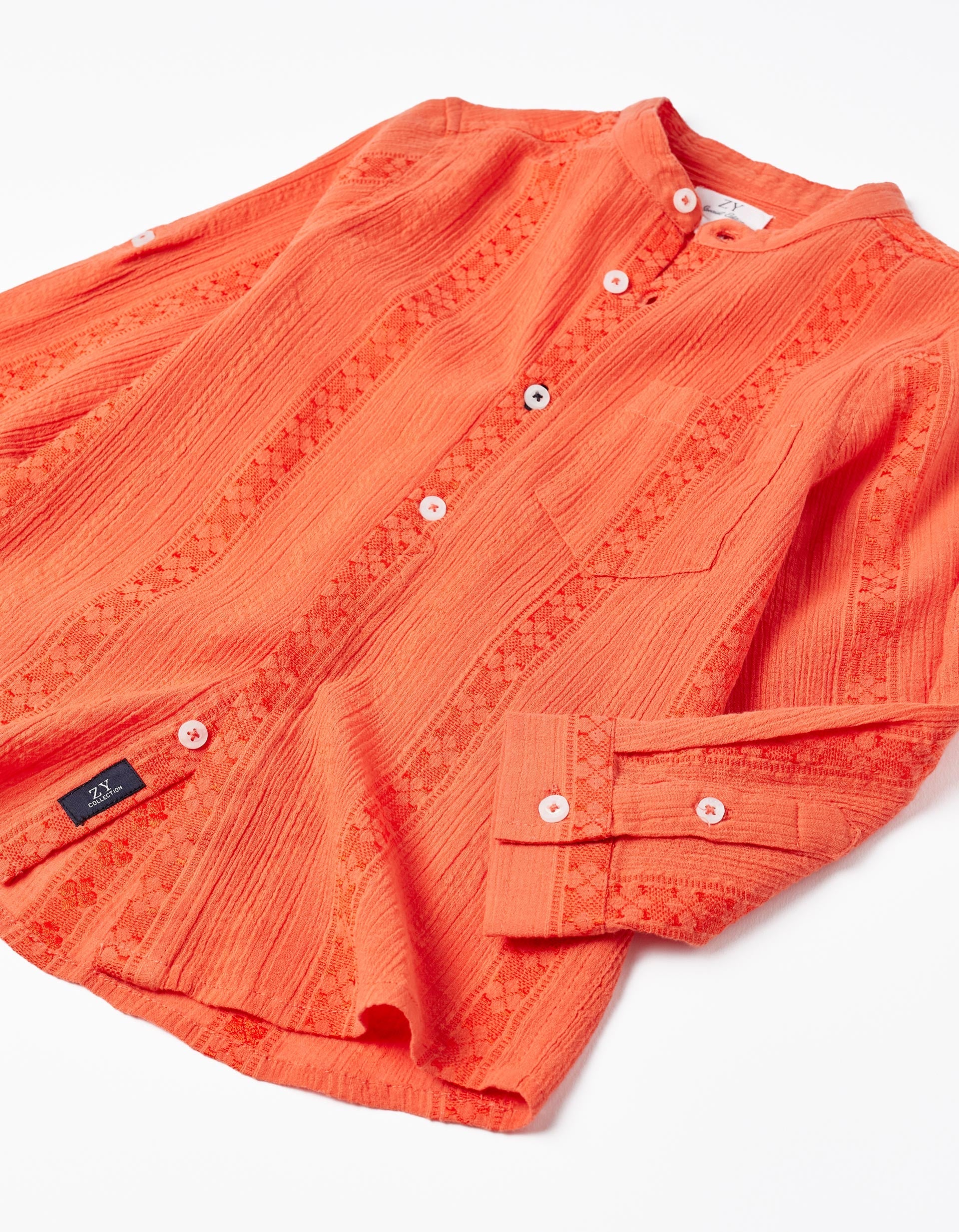 Zippy Cotton Shirt With Mao Collar And Embroidery For Baby Boys, Orange