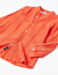 Zippy Cotton Shirt With Mao Collar And Embroidery For Baby Boys, Orange