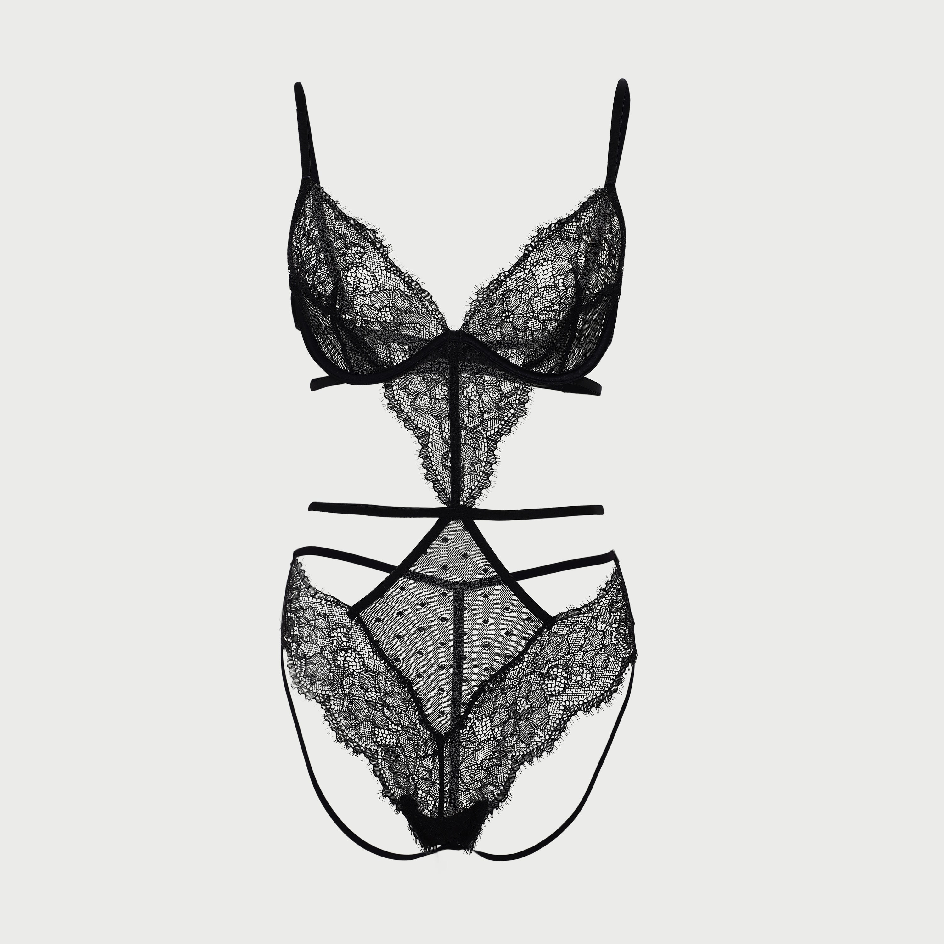 La Senza Lace & Spot Mesh Strappy Lingerie Body- Black