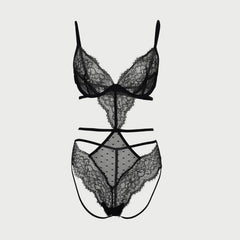 La Senza Lace & Spot Mesh Strappy Lingerie Body- Black