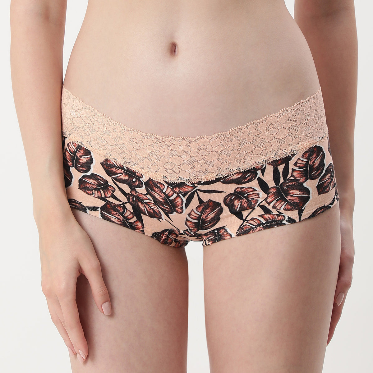 La Senza Retro Leaf Print Lace Trim Boyshort Brief- Peach