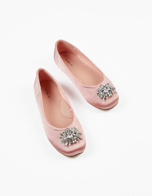 Zippy Girls Satin Ballet Pumps With Rhine Stones